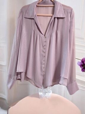 VTG Bebe Lilac Iridescent Sheer Button Down Pleated Top